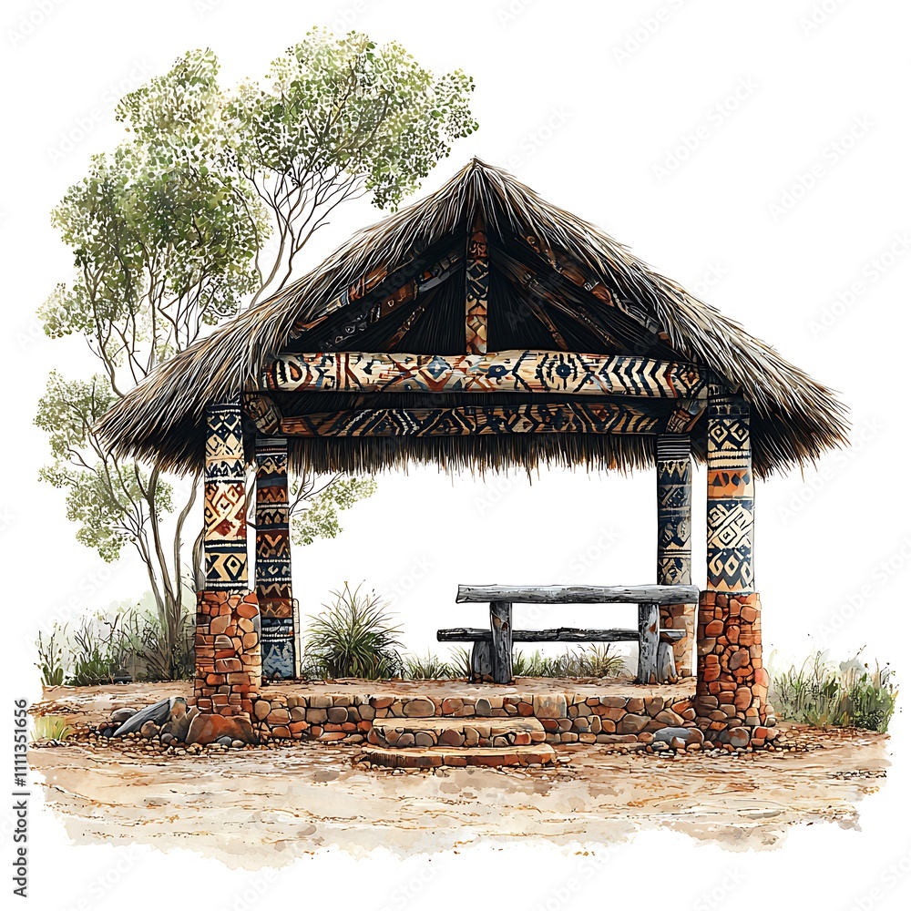 Ornate Tribal Gazebo with Thatched Roof and Stonework, Set Against a Natural Landscape. Ornate Tribal Gazebo with Thatched Roof and Stonework, Set Against a Natural Landscape.
