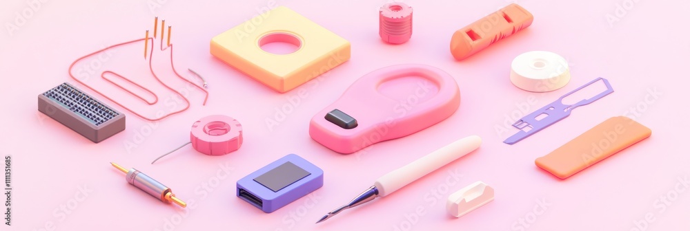 A collection of colorful tools and components arranged on a pink background. A collection of colorful tools and components arranged on a pink background.