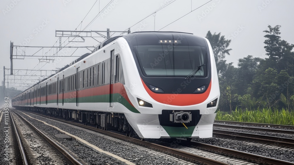 Fototapeta premium EMU Train on Rail Tracks at Tegalluar Station
