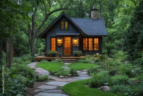 A small black house with a porch and a path leading to it