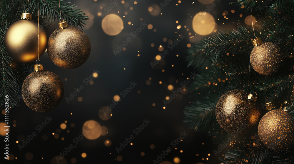 Fototapeta premium Elegant Gold Christmas Baubles on Bokeh Background