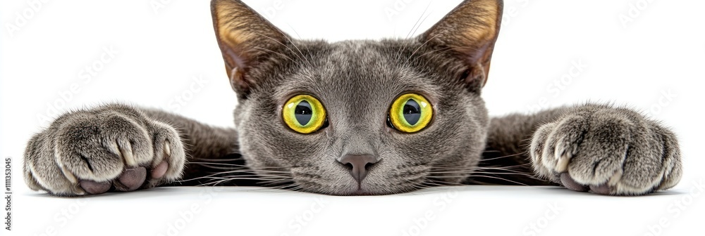 Fototapeta premium A gray cat with large yellow eyes peeking over a surface, displaying curiosity.