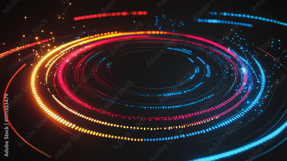 Abstract black background with Colorful circle lines. Digital future technology . Abstract business connection of lines from nodes innovation of communication in the network. Abstract black background with Colorful circle lines. Digital future technology . Abstract business connection of lines from nodes innovation of communication in the network.