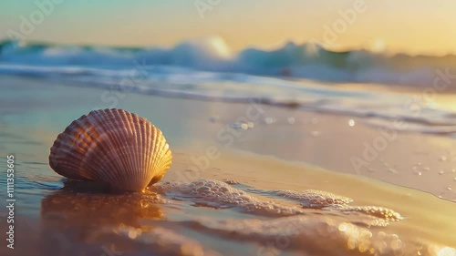 Seashells on Sandy Beach at Sunset Waves of Ocean Embrace Natures Beauty