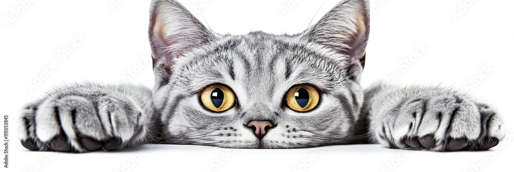 Fototapeta premium A close-up of a gray cat with large eyes, resting its paws on a surface.