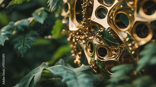 Intricate Close-Up of Gold Meson Sculpture Surrounded by Greenery photo