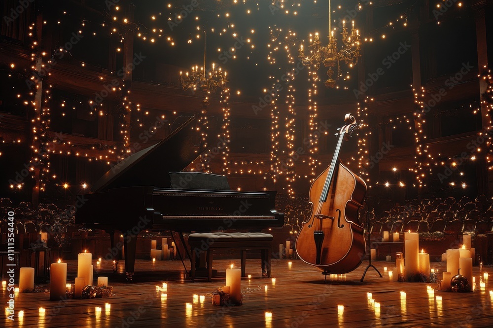 Φωτογραφία A piano and a cello are lit up by candles in a dark room