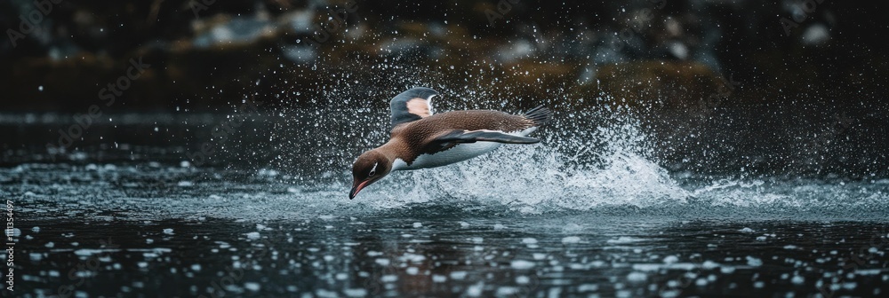 Fototapeta premium A penguin gracefully leaps from the water, creating splashes in a dynamic natural scene.