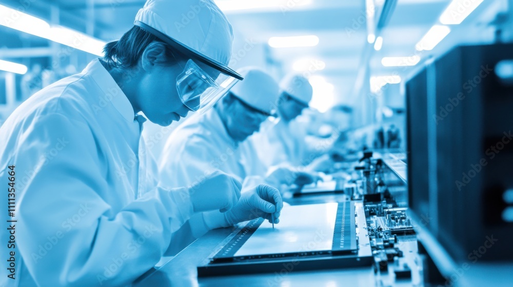 A focused view of technicians in a semiconductor fabrication clean room, inspecting microchips under magnification, Semiconductor inspection scene A focused view of technicians in a semiconductor fabrication clean room, inspecting microchips under magnification, Semiconductor inspection scene