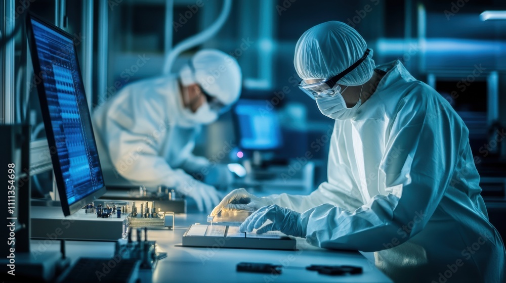 A focused view of technicians in a semiconductor fabrication clean room, inspecting microchips under magnification, Semiconductor inspection scene A focused view of technicians in a semiconductor fabrication clean room, inspecting microchips under magnification, Semiconductor inspection scene