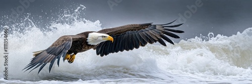 A majestic eagle soaring above crashing waves, showcasing nature's power and beauty.