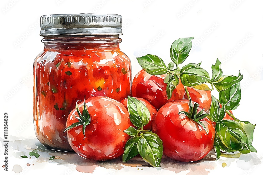 Watercolor Painting of Homemade Tomato Sauce in a Jar with Fresh Tomatoes and Basil. Watercolor Painting of Homemade Tomato Sauce in a Jar with Fresh Tomatoes and Basil.