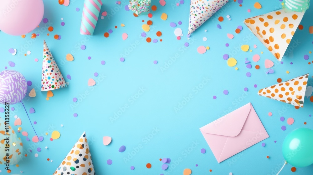 A festive scene with party hats, balloons, and confetti for a celebration. A festive scene with party hats, balloons, and confetti for a celebration.