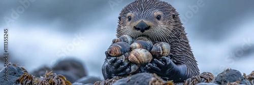 An otter holds a collection of shells on a rocky shore, showcasing its foraging behavior. photo