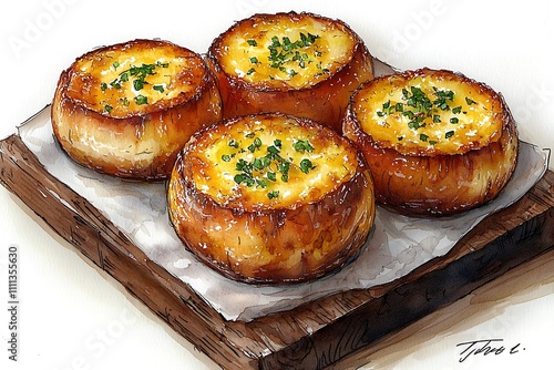 Four Baked Potatoes Topped with Melted Cheese and Chives on a Rustic Wooden Board.