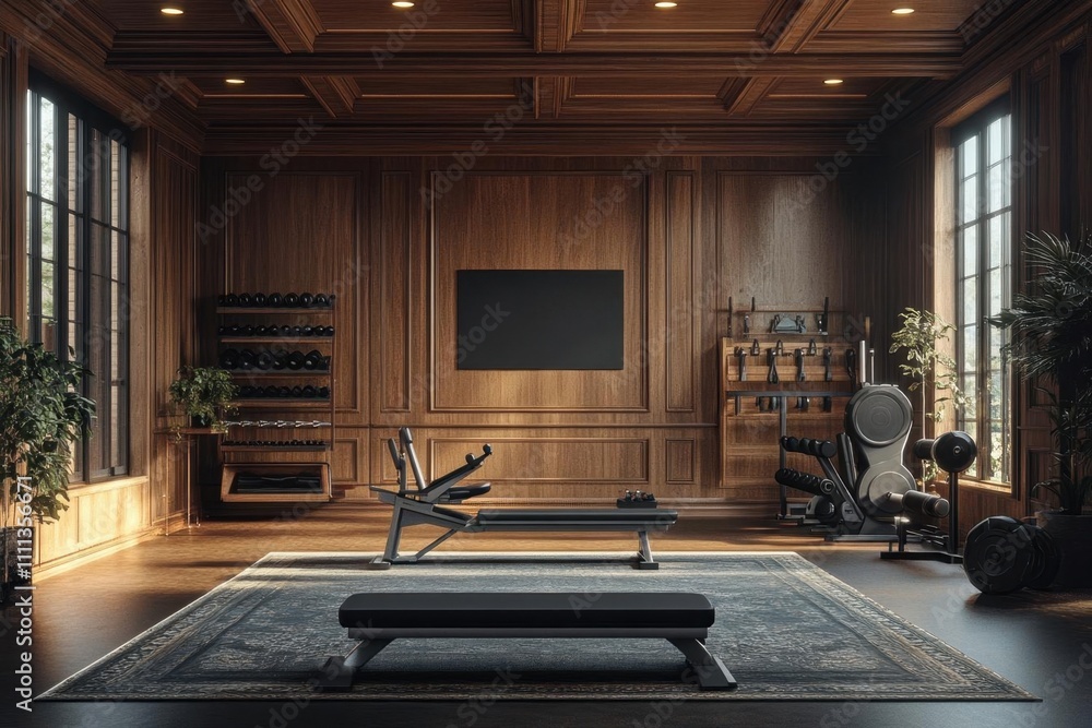 Fototapeta premium Modern Home Gym Design with Wood Paneling and Exercise Equipment