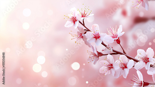 Blossoming cherry branches on a light pink background,