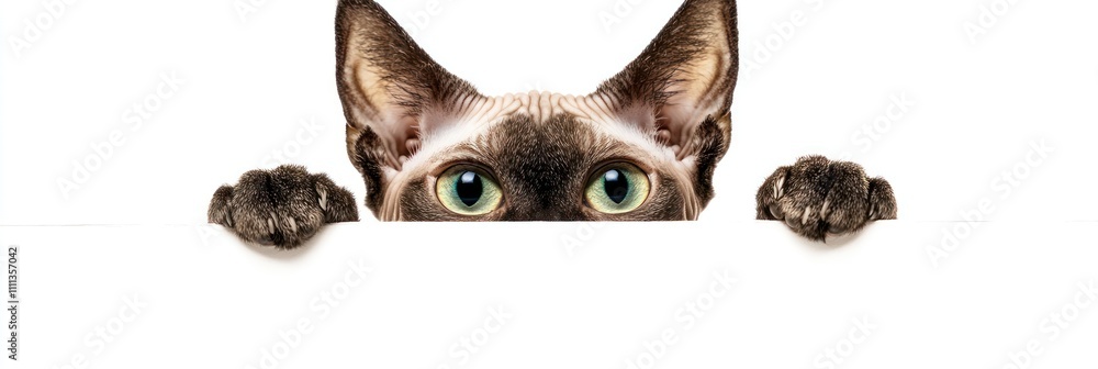 A curious cat peeking over a white surface, showcasing its expressive eyes and paws. A curious cat peeking over a white surface, showcasing its expressive eyes and paws.