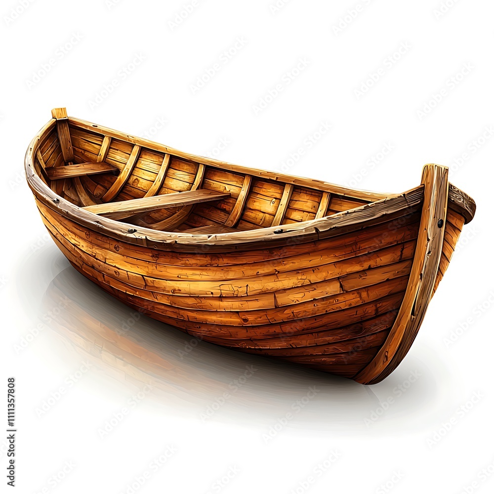 A weathered wooden rowboat, isolated on a white background, showcasing its rustic charm and detailed craftsmanship. A weathered wooden rowboat, isolated on a white background, showcasing its rustic charm and detailed craftsmanship.
