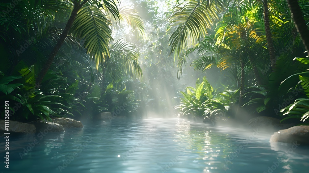 Serene Jungle Oasis Lush Tropical Forest Nature Scene Calm Waters Illuminated by Sunlight Tranquil Environment Serene Jungle Oasis Lush Tropical Forest Nature Scene Calm Waters Illuminated by Sunlight Tranquil Environment