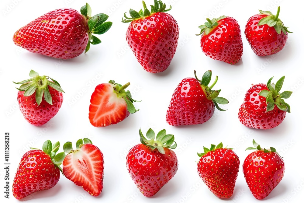Collection of fresh red strawberries, whole and halved, vibrant and juicy, arranged on white background, natural and healthy fruits, sweet and delicious, refreshing summer produce, copy space
Collection of fresh red strawberries, whole and halved, vibrant and juicy, arranged on white background, natural and healthy fruits, sweet and delicious, refreshing summer produce, copy space