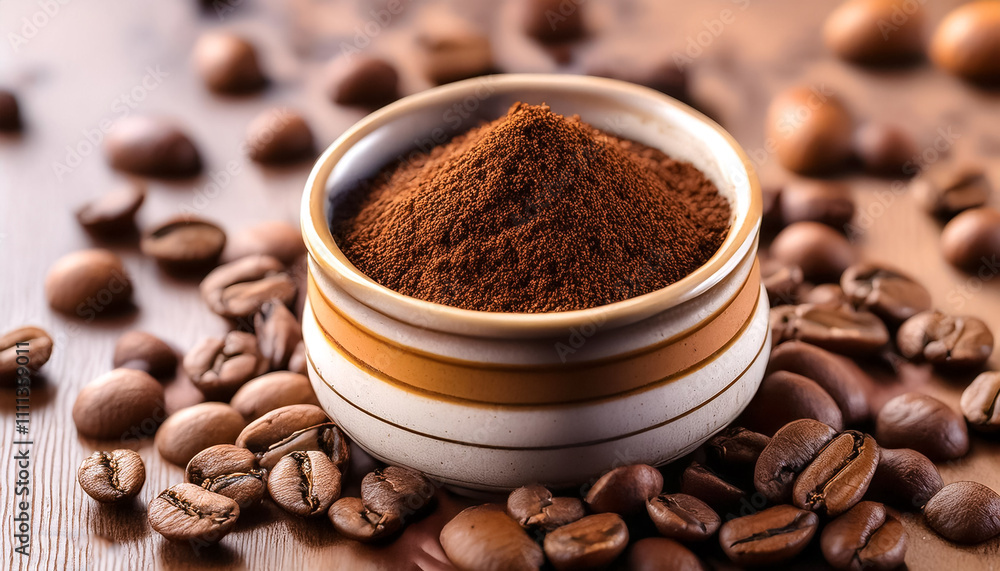 Fresh ground coffee in a small ceramic container, with coffee beans scattered around it Fresh ground coffee in a small ceramic container, with coffee beans scattered around it