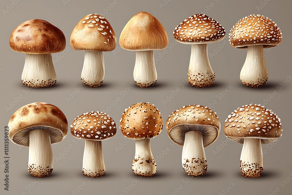 Collection of Twelve Detailed Illustrations of Brown Mushrooms with White Spots. Collection of Twelve Detailed Illustrations of Brown Mushrooms with White Spots.