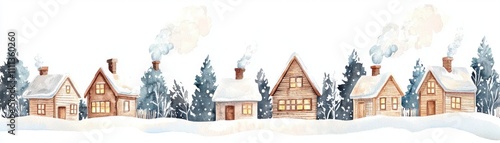 Wallpaper Mural Charming winter scene featuring cozy houses with smoke billowing from chimneys, surrounded by snow-covered trees and tranquil landscapes. Torontodigital.ca