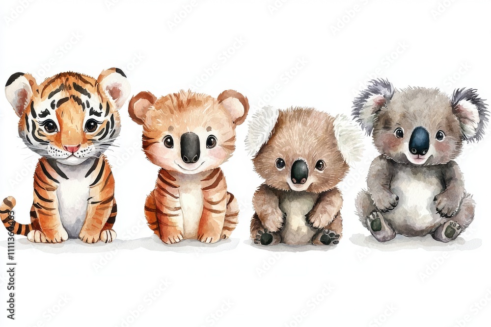Cute illustrated baby animals include a tiger, koala, and more, perfect for children's decor or educational materials. Cute illustrated baby animals include a tiger, koala, and more, perfect for children's decor or educational materials.