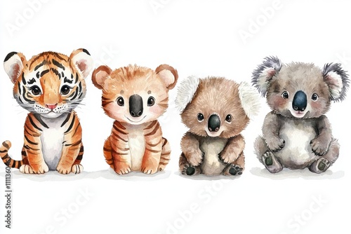 Cute illustrated baby animals include a tiger, koala, and more, perfect for children's decor or educational materials. photo