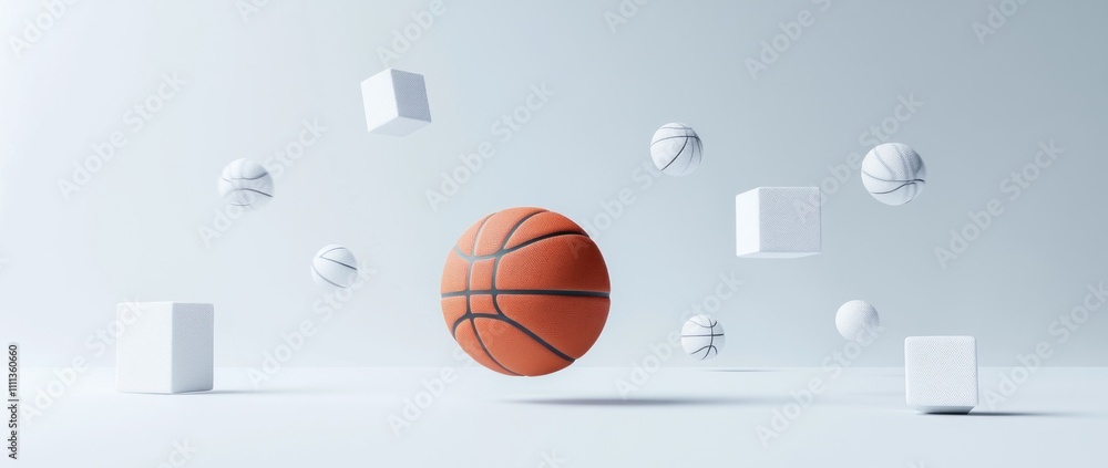 A basketball levitates among white cubes in a minimalist setting. A basketball levitates among white cubes in a minimalist setting.