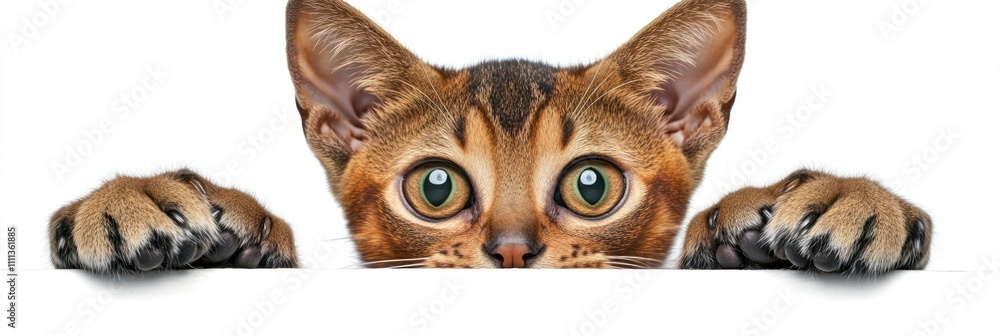 Fototapeta premium A curious cat peeking over a surface with wide eyes and paws visible.
