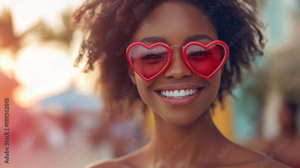 Smiling African American woman wearing heart shaped glasses Smiling African American woman wearing heart shaped glasses