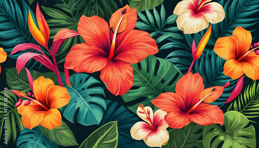 Vibrant tropical flowers in botanical illustration style with lush hibiscus against deep green background Vibrant tropical flowers in botanical illustration style with lush hibiscus against deep green background