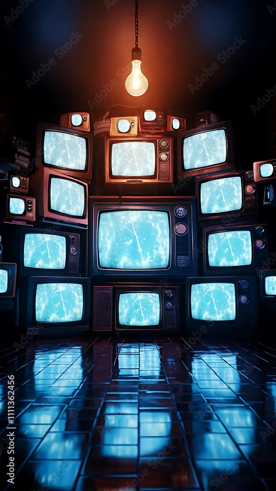 A dimly lit room surrounded by an arrangement of vintage televisions stacks with a single light bulb hanging from the ceiling A dimly lit room surrounded by an arrangement of vintage televisions stacks with a single light bulb hanging from the ceiling