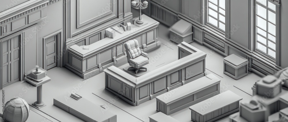 A monochromatic courtroom scene featuring a judge's bench and surrounding furniture. A monochromatic courtroom scene featuring a judge's bench and surrounding furniture.