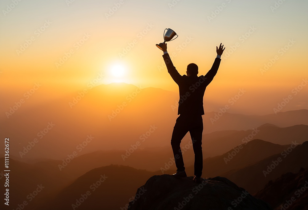 Silhouette of a person holding a trophy and raises arms to the air on top of mountain against sunrise sky, success, achievement Silhouette of a person holding a trophy and raises arms to the air on top of mountain against sunrise sky, success, achievement