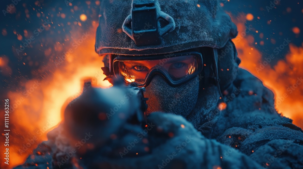 Intense Soldier in Combat Gear Aiming at Target Intense Soldier in Combat Gear Aiming at Target