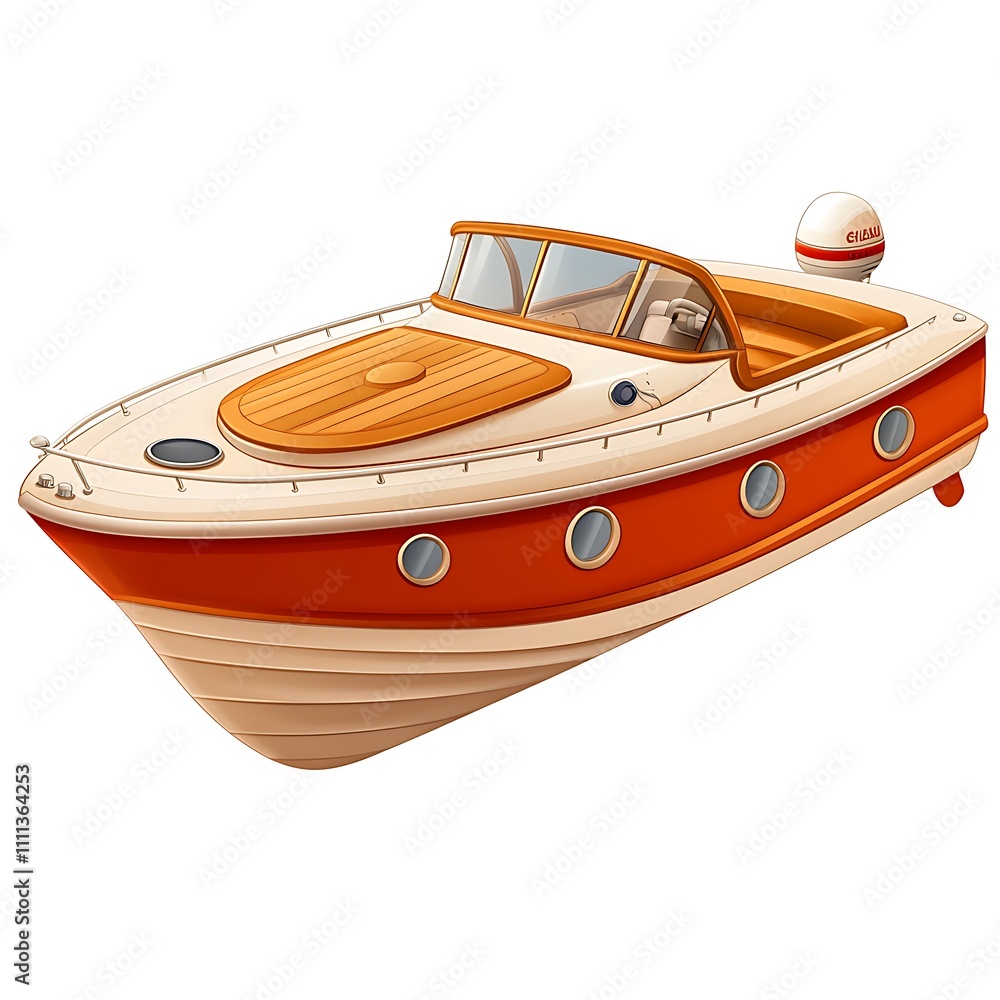 Illustration of a Classic Red and Cream Motorboat with Wooden Deck. Illustration of a Classic Red and Cream Motorboat with Wooden Deck.