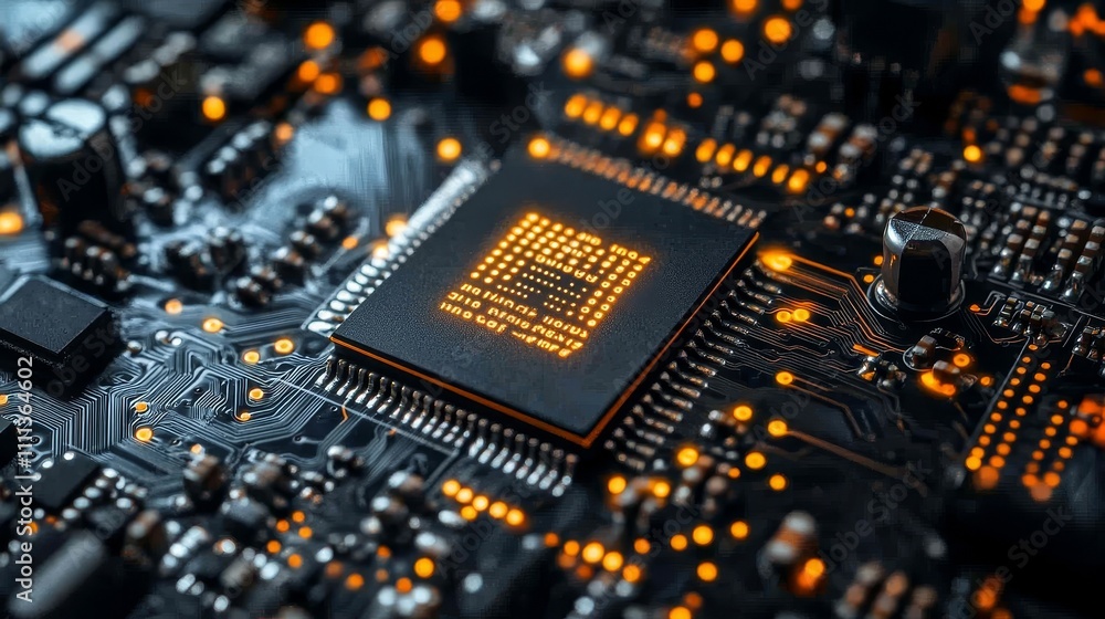 Close-up of a high-tech circuit board with glowing microchips and intricate gold wiring, set against a dark, high-contrast background, showcasing precision, modern technology, and innovation. Close-up of a high-tech circuit board with glowing microchips and intricate gold wiring, set against a dark, high-contrast background, showcasing precision, modern technology, and innovation.