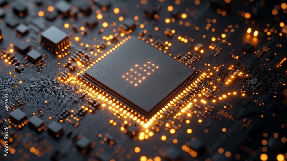 Close-up of a high-tech circuit board with glowing microchips and intricate gold wiring, set against a dark, high-contrast background, showcasing precision, modern technology, and innovation. Close-up of a high-tech circuit board with glowing microchips and intricate gold wiring, set against a dark, high-contrast background, showcasing precision, modern technology, and innovation.