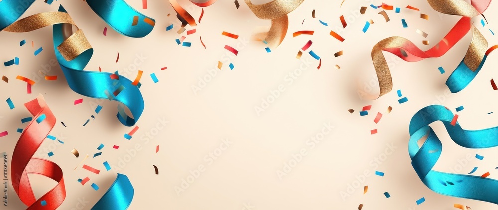 Colorful ribbons and confetti on a light background, perfect for celebrations and events. Colorful ribbons and confetti on a light background, perfect for celebrations and events.