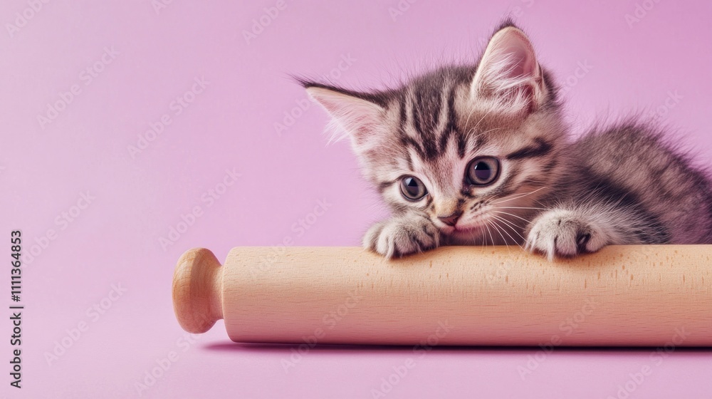 A playful kitten interacting with a wooden rolling pin against a pink background. A playful kitten interacting with a wooden rolling pin against a pink background.