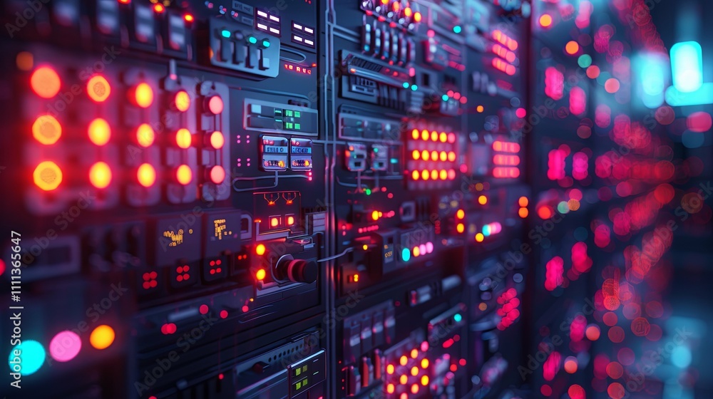 Futuristic server rack with glowing lights and intricate controls. Futuristic server rack with glowing lights and intricate controls.