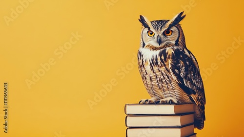 Wallpaper Mural An owl perched on stacked books against a bright yellow background. Torontodigital.ca