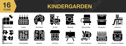 Kindergarten solid icon set. Includes Family, Kids, Leisure, Park, Playground, Slide, and More. Solid icons vector collection.