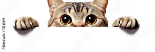 A curious cat peeks over a blank surface, inviting engagement or attention. photo