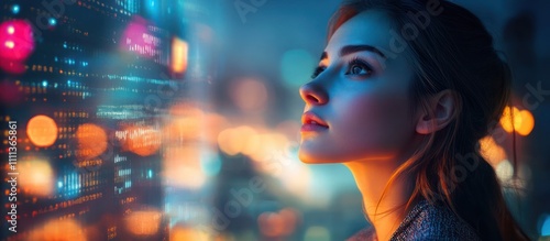 A woman looks up at a screen with data and coding displayed  bathed in blue and orange light  against a backdrop of a city at night.