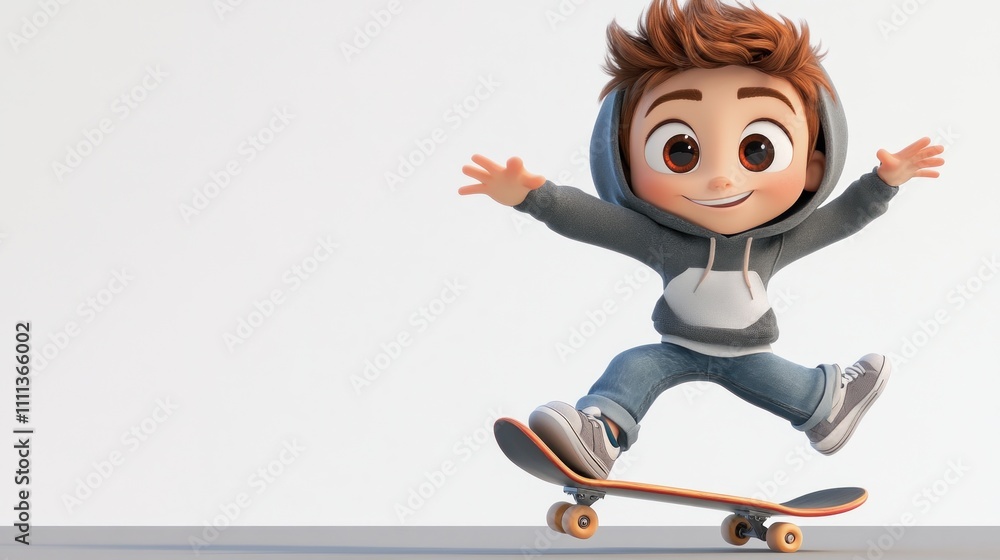 A cheerful animated boy skateboarding, showcasing fun and youthful energy. A cheerful animated boy skateboarding, showcasing fun and youthful energy.