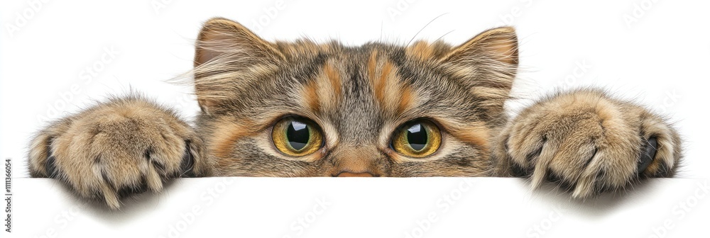 A curious cat peeks over a surface with wide eyes and outstretched paws. A curious cat peeks over a surface with wide eyes and outstretched paws.